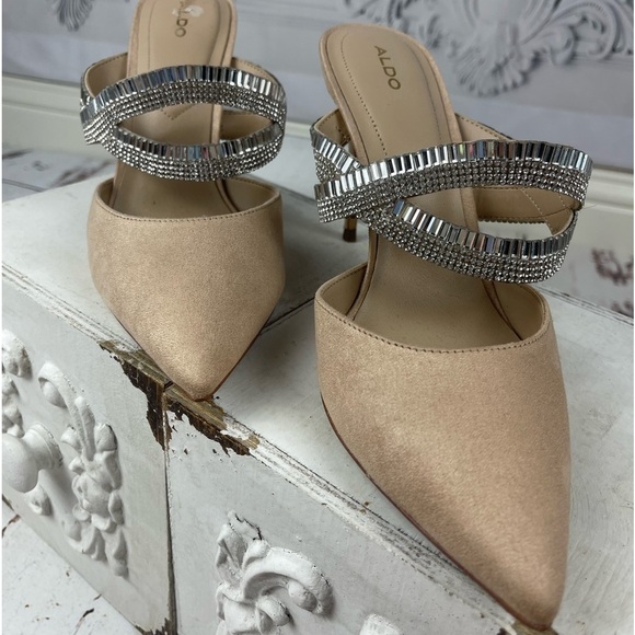 Classy Rhinestone Strap Suede Heel Pointed Toe Mules Aldo Noawia - Picture 12 of 14